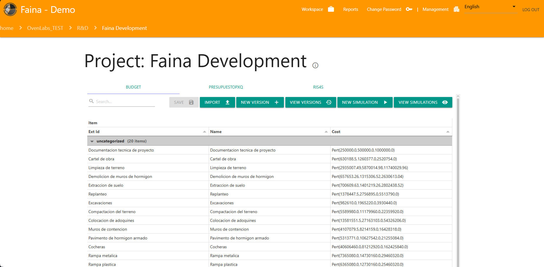 Faina — Probabilistic Budget with PERT Distributions